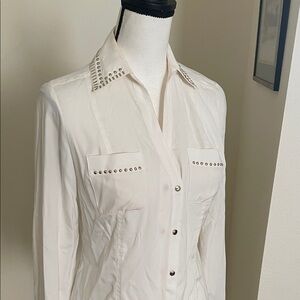 CACHE Silk blouse Cream Studded Blouse gold studs